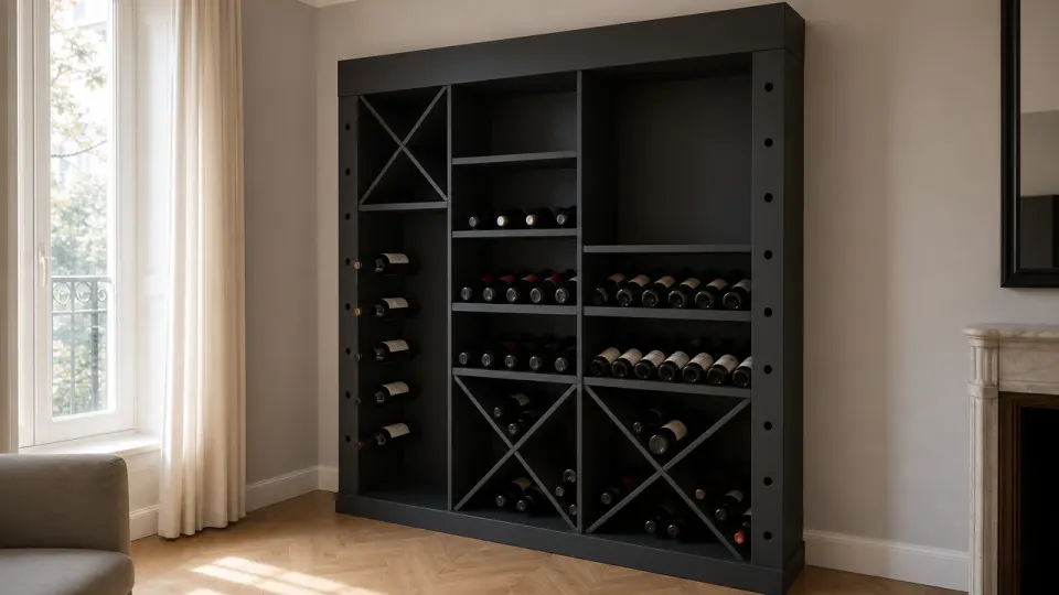 Casiers en MDF noir mat sur plinthe avec bandeau haut, dans un salon lumineux au parquet clair