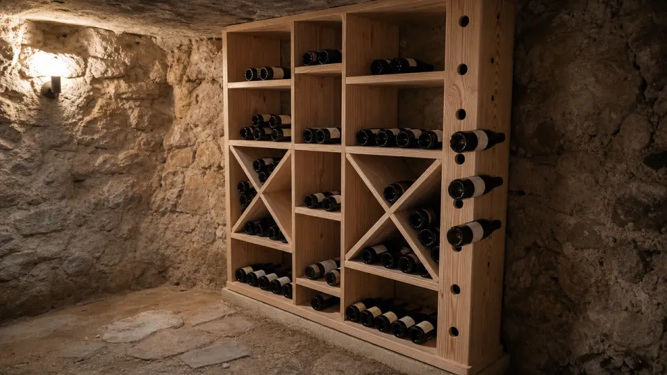 Cave enterrée en pierre sans appareil, équipée de casiers en mélèze à croix et étagères posés sur une plinthe à distance du mur