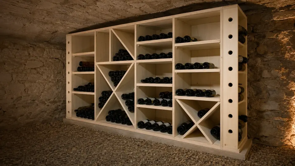 Cave voûtée en pierre pour la conservation du vin, casiers en épicéa à croix et étagères, bouteilles couchées