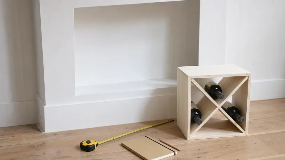 Niche murale vide avant un devis de cave à vin sur mesure, module en croix en épicéa, mètre ruban et carnet au sol