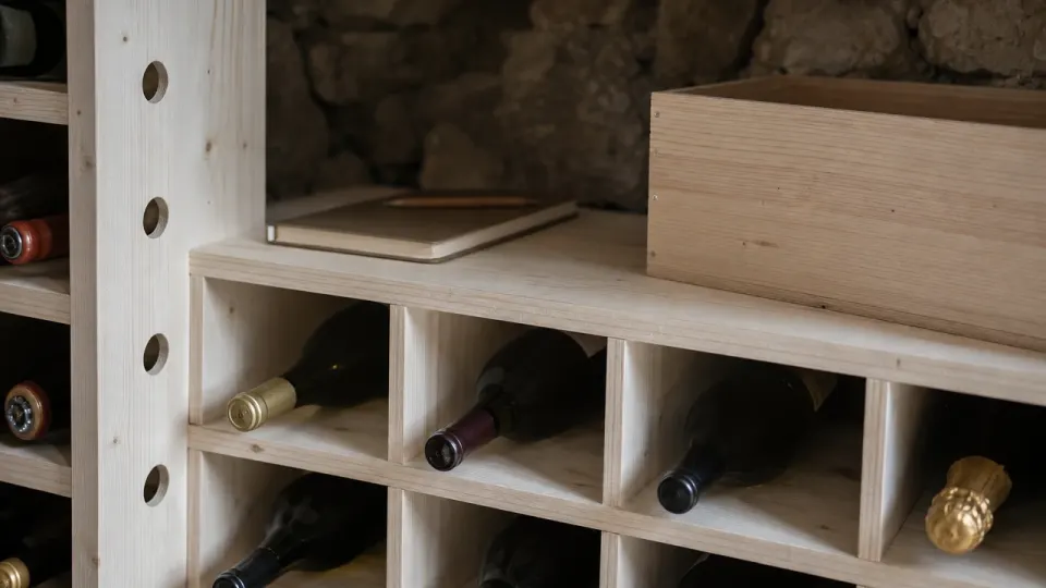 Casiers en épicéa à alvéoles et étagère avec un carnet de cave, bouteilles à boire bientôt