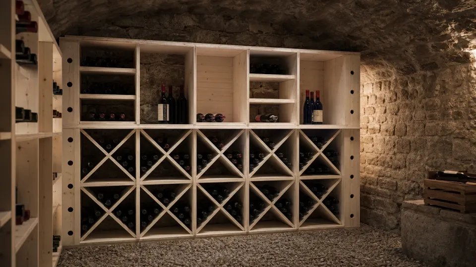 Illustration de casiers en épicéa dans une cave voûtée, vins de longue durée de garde en bas, bouteilles à boire en haut