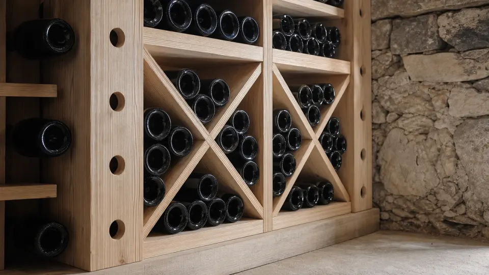 Casiers en mélèze à modules en croix remplis de bouteilles couchées pour la garde