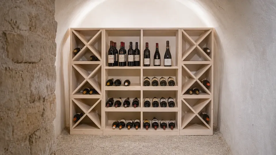 Étagère à vin en bois d'épicéa dans une cave voûtée, colonnes d'étagères encadrées de croix garnies de bouteilles