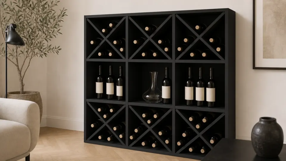 Meuble à vin en MDF noir dans un salon : une rangée d'étagères avec bouteilles debout et carafe, entre deux rangées de croix
