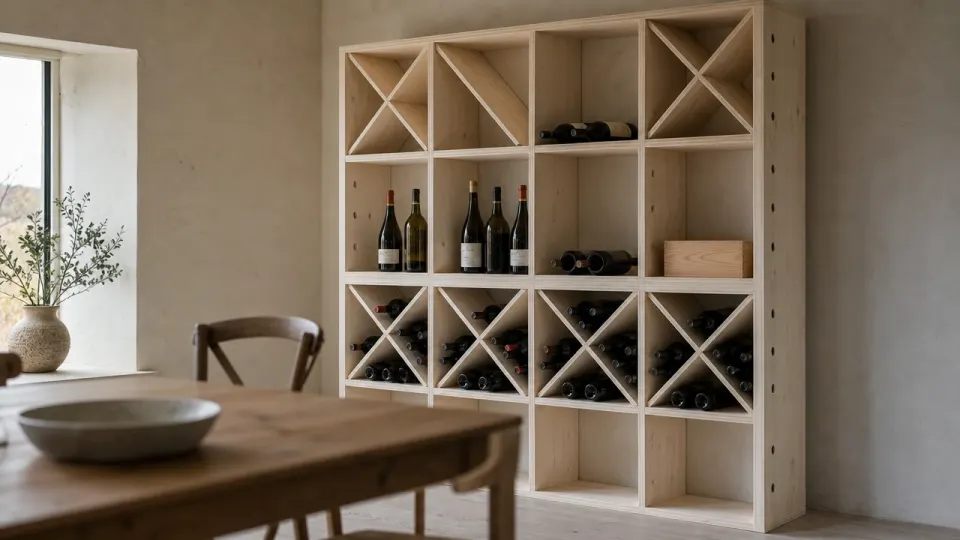 Étagère à vin murale en épicéa adossée au mur d'une salle à manger, avec étagères, croix et bouteilles