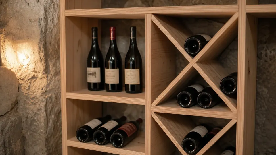 Étagères et croix en mélèze dans une cave en pierre, bouteilles debout et couchées côte à côte