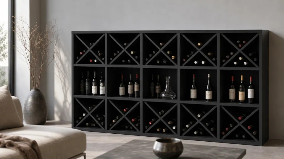 Meuble à vin bas en MDF noir dans un salon, étagères avec bouteilles debout et carafe, croix en haut et en bas