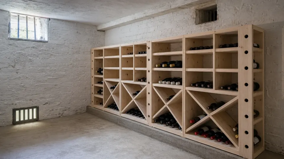 Casier à bouteilles en bois clair surélevé dans un sous-sol aux murs de brique blanchis, avec une grille d'aération basse et une autre en hauteur