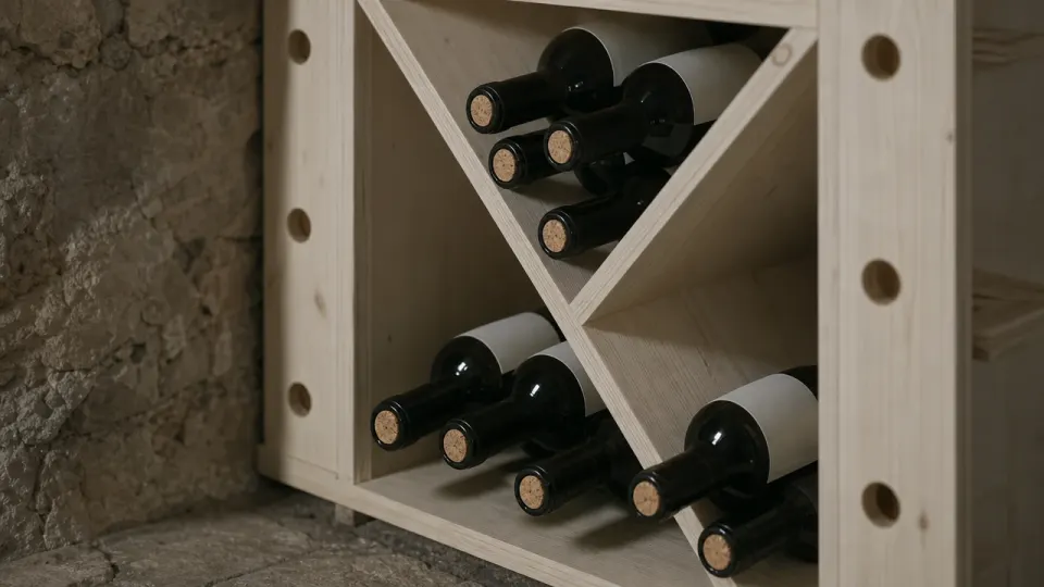 Hygrométrie cave à vin et bouchons : bouteilles couchées dans un casier en croix en épicéa, bouchons au premier plan, dans une cave fraîche en pierre