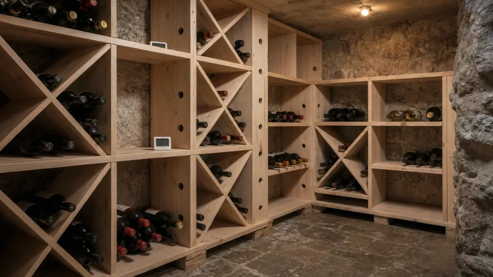 Hygromètre posé sur des casiers à vin en bois clair dans une cave en pierre, bouteilles couchées dans des modules en croix