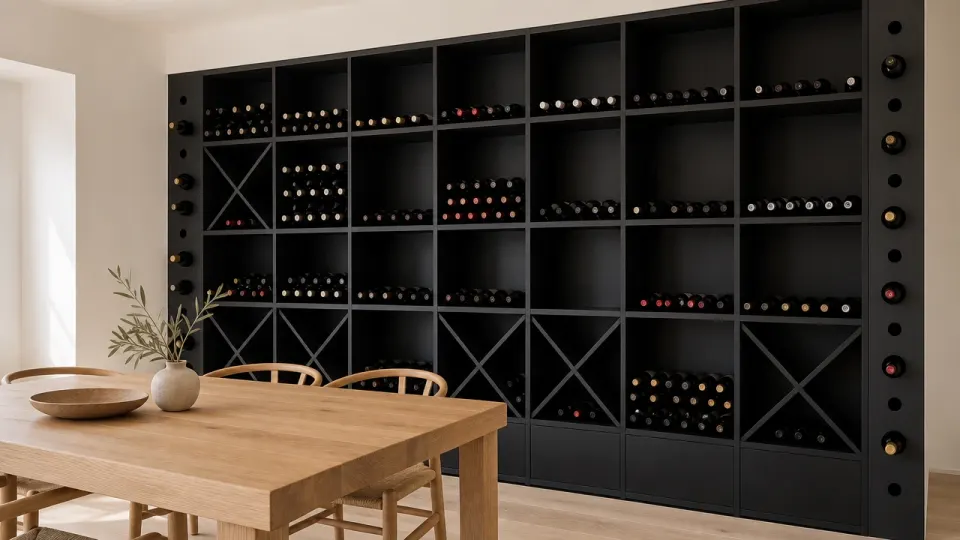 Mur de casiers à vin en MDF noir mat du sol au plafond dans une salle à manger claire, table en chêne au premier plan