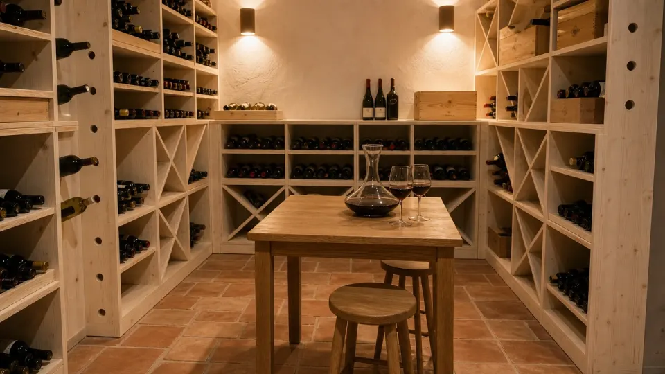 Idée d'aménagement de cave à vin : pièce dédiée avec casiers en épicéa en U et table de dégustation au centre