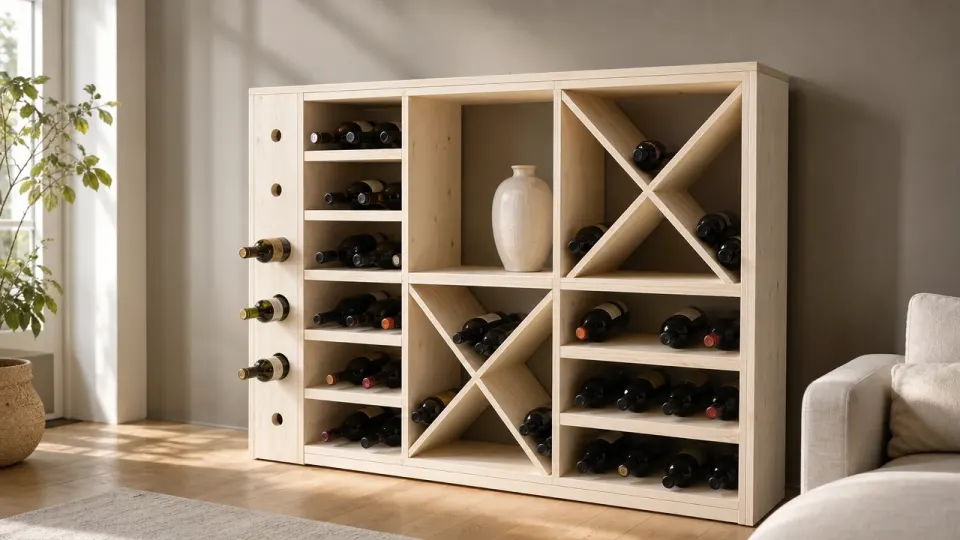 Meuble cave à vin en bois d'épicéa dans un salon, casiers ouverts en croix et étagères sur parquet