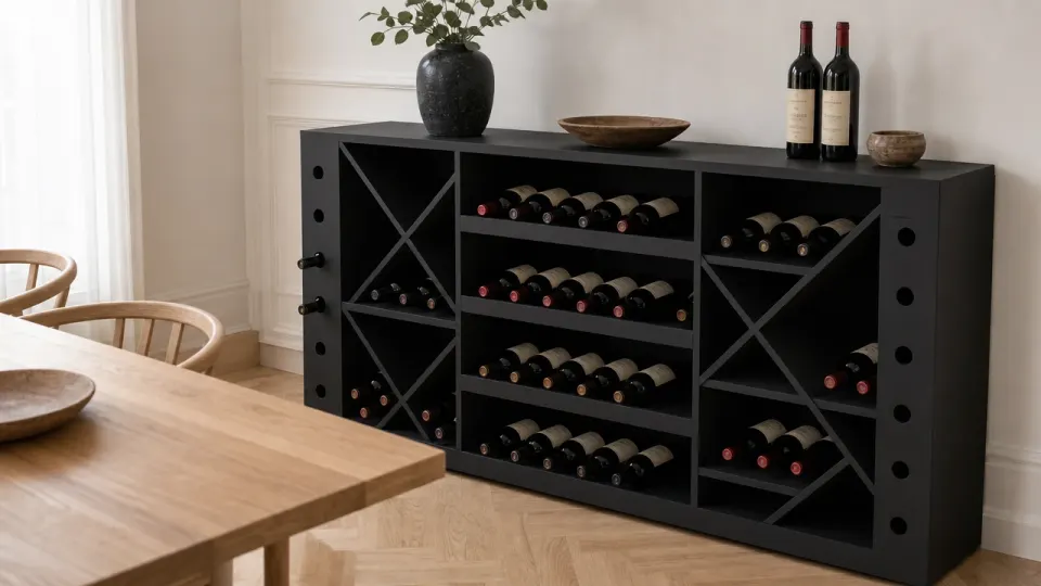 Meuble à vin en MDF noir mat avec croix et étagères, sur un parquet clair de salle à manger
