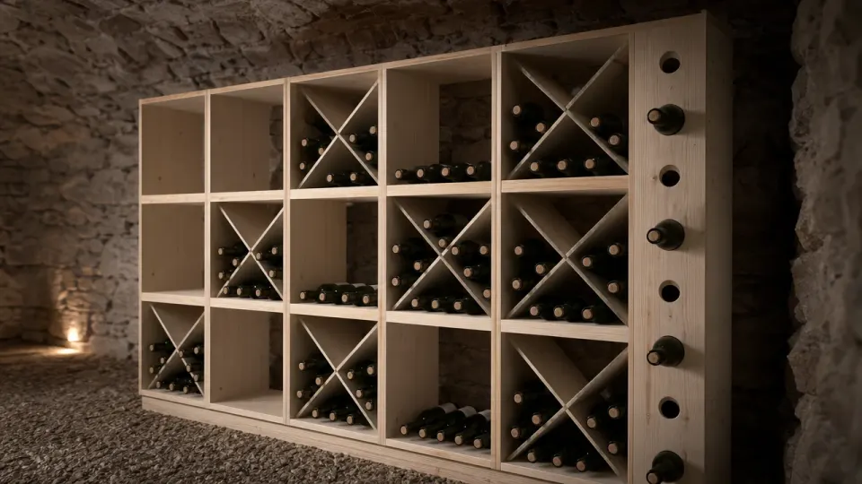 Bouteilles de vin couchées dans des casiers en croix en épicéa, alignées sous la voûte en pierre d'une cave fraîche