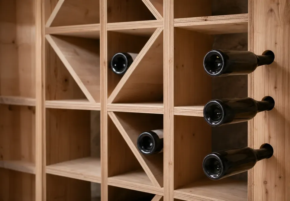 Bouteilles de vin couchées dans des casiers en mélèze, goulots engagés dans les trous ronds d'un montant percé