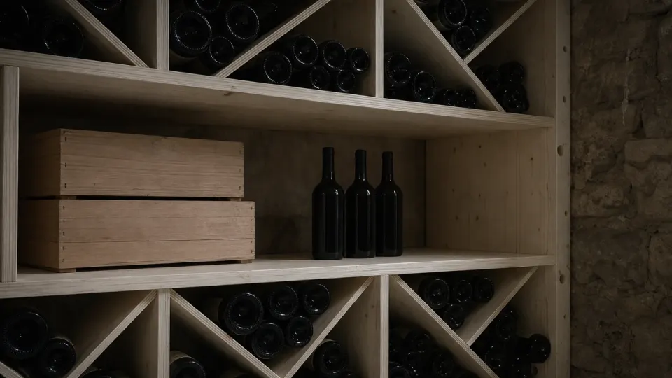 Casier en épicéa avec une étagère de service à hauteur de main portant deux caisses et trois bouteilles debout, et des modules en croix remplis de bouteilles couchées