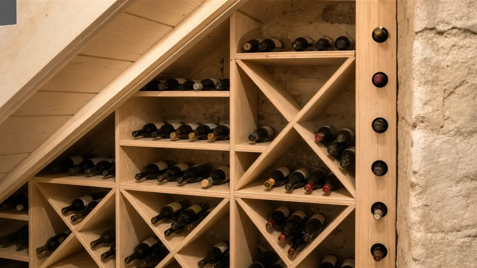Casiers en mélèze sous un escalier, fileur latéral percé de trous ronds où reposent des cols de bouteilles contre le mur