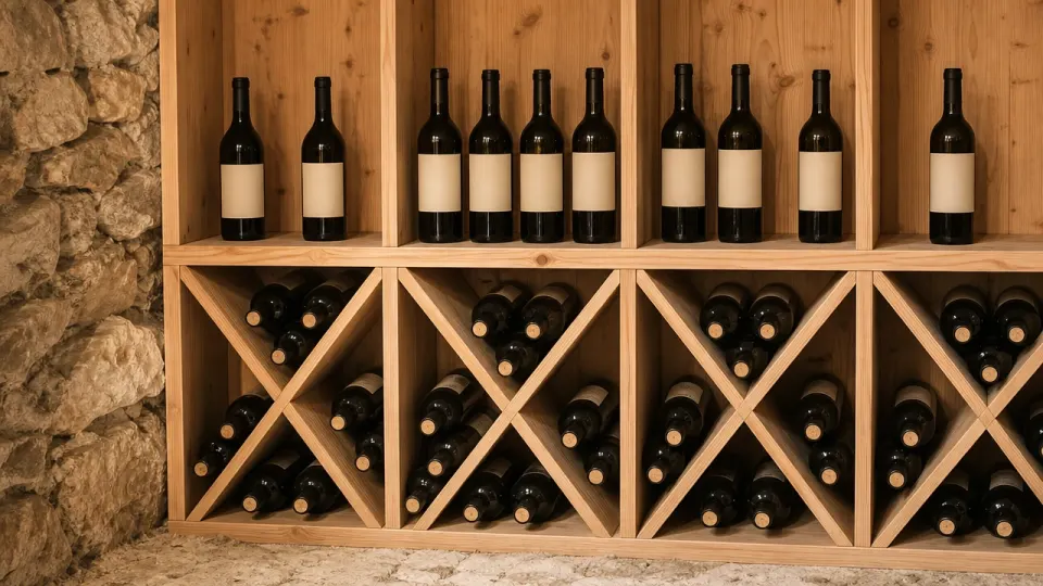 Rangement à vin en mélèze dans une cave en pierre : bouteilles debout sur les étagères du haut, bouteilles couchées dans les croix du bas