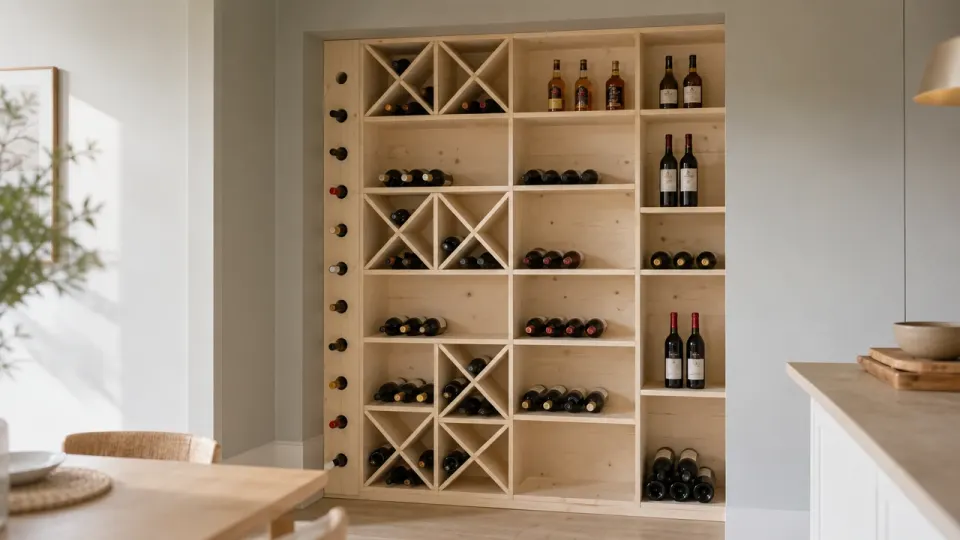 Rangement de bouteilles de vin en épicéa encastré dans une niche de salle à manger, croix, étagères et montant percé