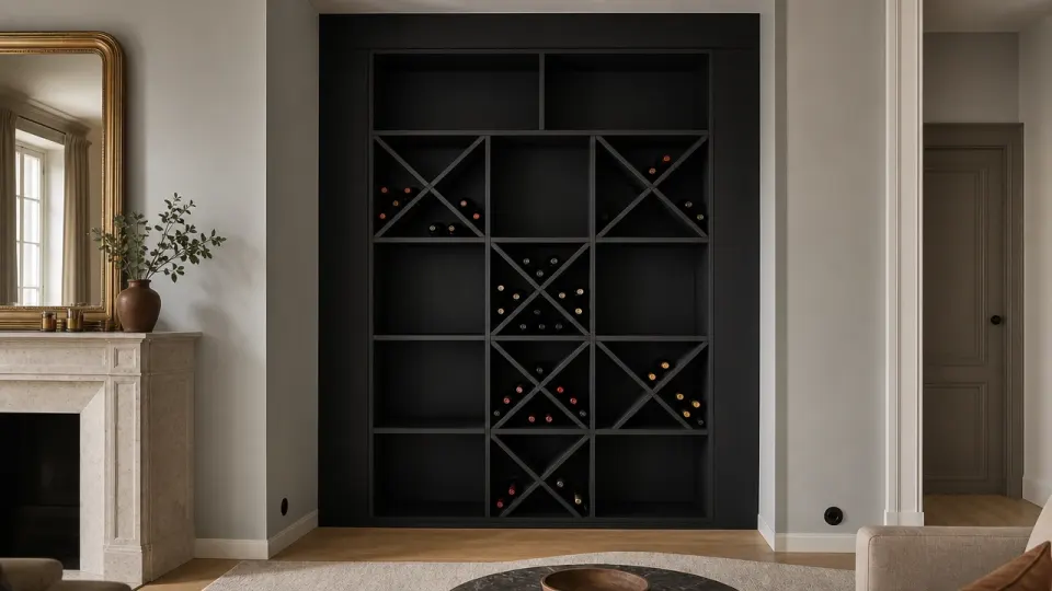 Ancien placard de salon sans portes, rempli de modules à vin en MDF noir, avec fileurs latéraux et bandeau haut jusqu'au plafond