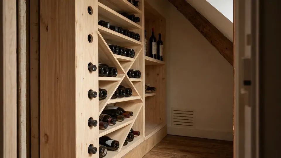 Casiers à vin en mélèze dans un placard sous les combles, posés sur une plinthe, près d'une grille d'aération basse