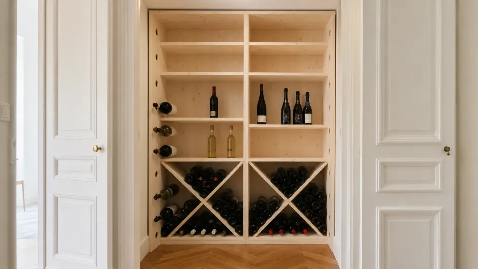 Placard de couloir aux portes ouvertes, aménagé du sol au plafond en rangement à vin en épicéa avec bouteilles couchées