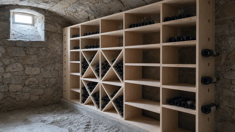 Cave voûtée en pierre, fraîche et sombre, équipée de casiers en mélèze à croix et étagères, bouteilles couchées
