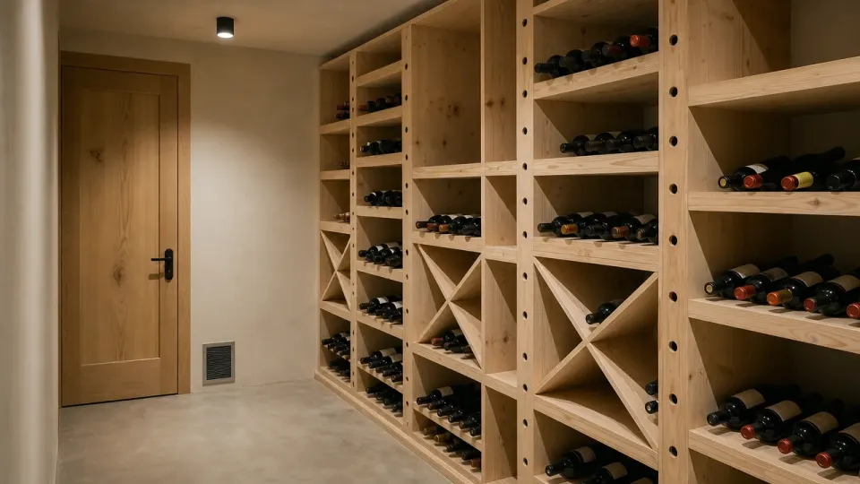 Petite pièce de cave en sous-sol avec porte pleine en bois, grille de ventilation basse et mur de casiers en bois