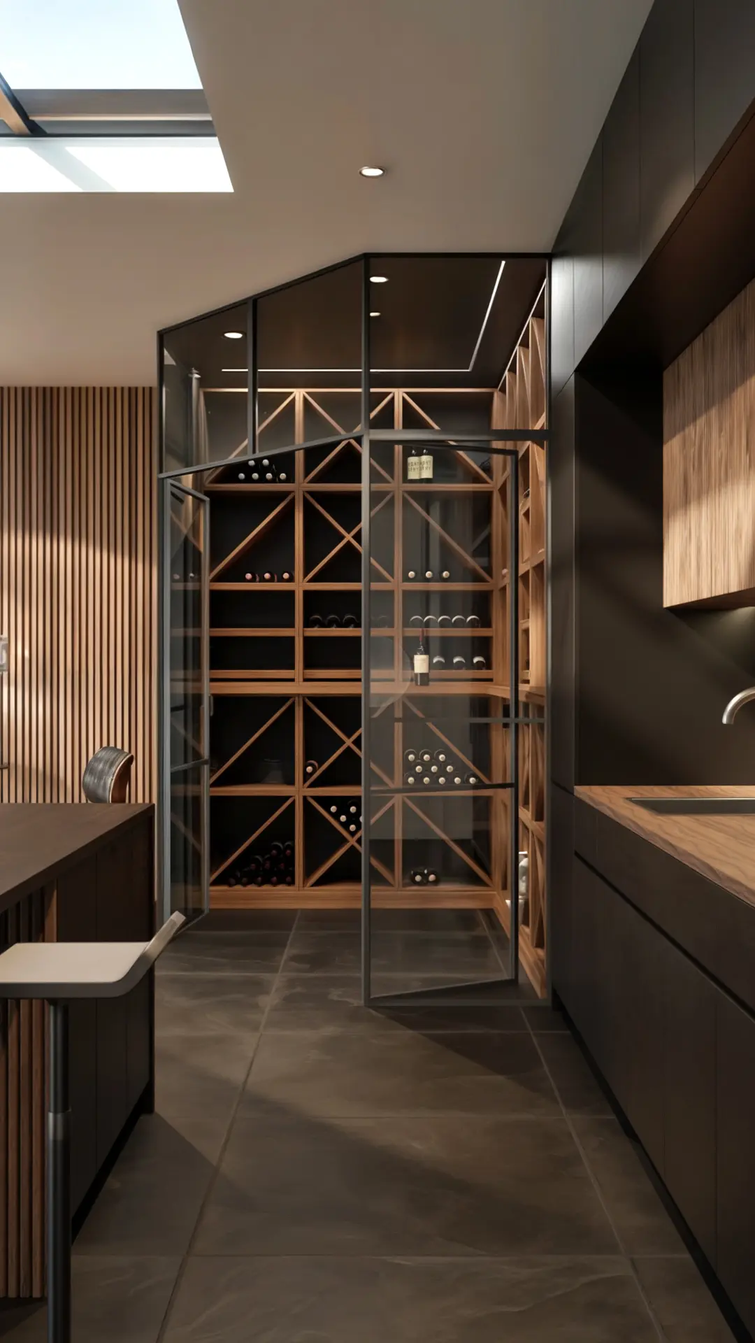 Vue 3D d'une cave à vin en bois sur mesure composée en hauteur, avec ses modules de casiers